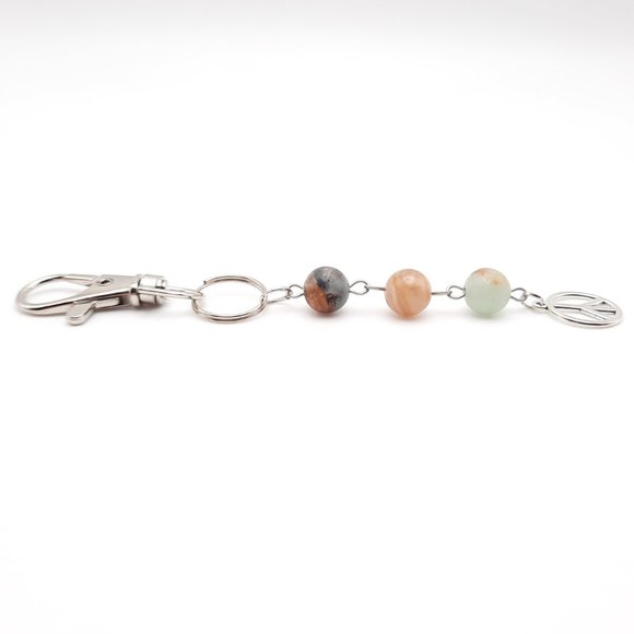 Peace Sign Amazonite Sunstone Chakra Gemstone Keychain Handmade Accessory - Picture 3 of 8